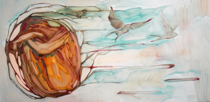 「Nest」というタイトルの絵画 Anna Bondarによって, オリジナルのアートワーク, オイル ウッドストレッチャーフレームにマウント