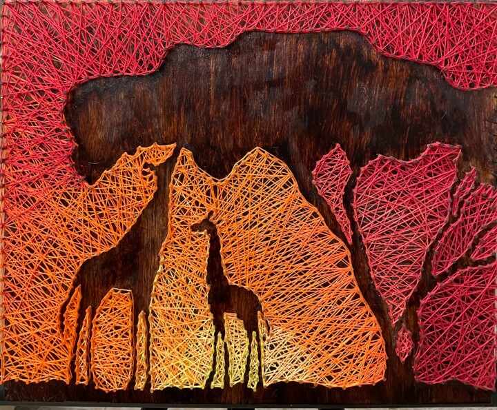 Family of giraffes at sunset safari 纺织艺术, 15x9.1 in