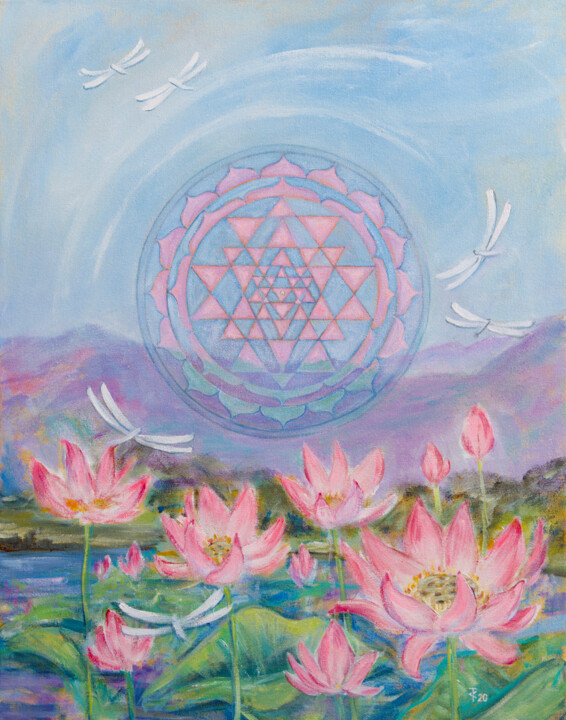 Lotus —Symbolic Sacred Tantric Art with Sri Yantra 绘画, 27.6x21.7 in