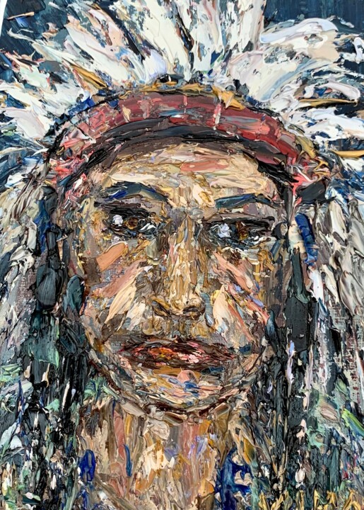 Native American Indian Impasto Oil Painting On Canvas Board 绘画, 7.1x5.1 in