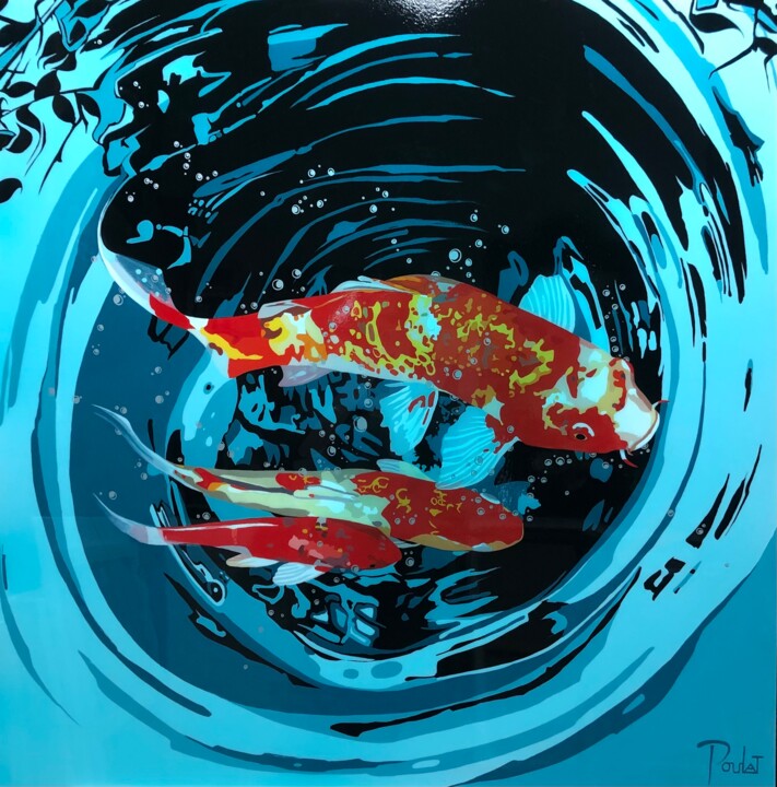 CARPES KOI V " BLUE LAGOON " 绘画, 47.2x47.2 in