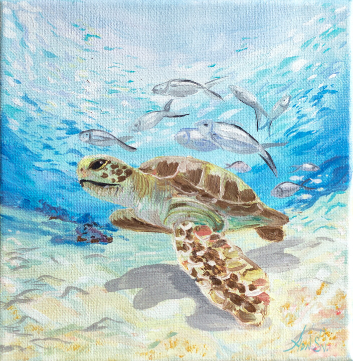 The miniature painting "Sea Turtle" 绘画, 7.9x7.9 in