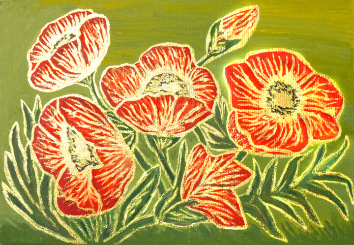Red poppies on green with gold 印花与版画, 19.7x27.6 in