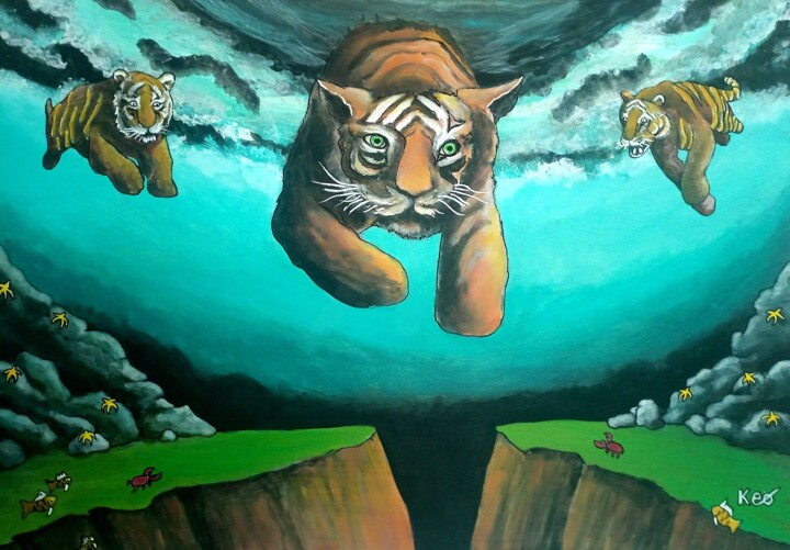 Portrait Tigre sous l'eau 绘画, 19.7x27.6 in