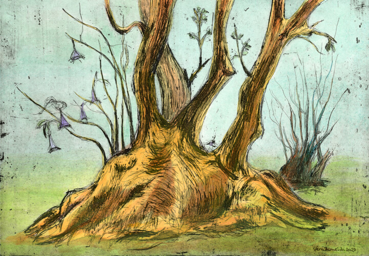 Tree trunk at Estrela Garden in Lisbon 绘画, 8x11.5 in