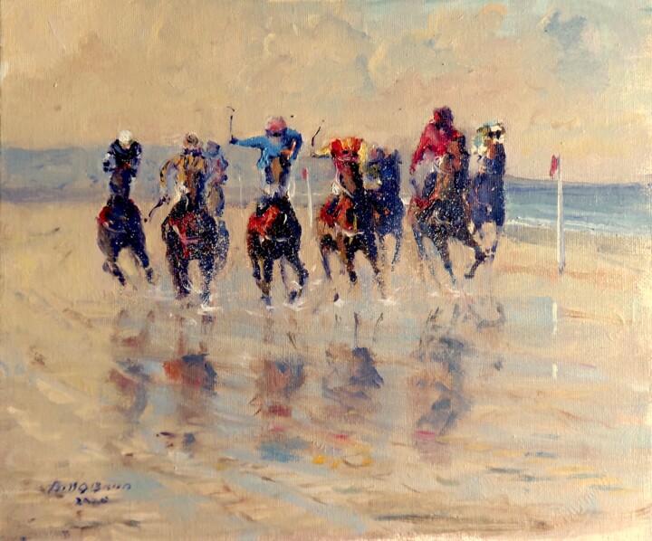 Malerei mit dem Titel "Horse Racing Laytow…" von Bill O'Brien, Original-Kunstwerk, Öl Auf Andere starre Platte montiert