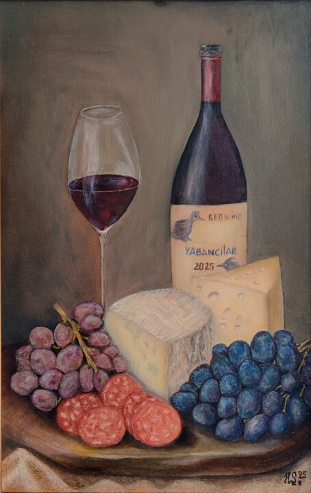 Peinture intitulée "Still life "Wine, c…" par Helen Spoon, Œuvre d'art originale, Huile Monté sur Panneau de bois