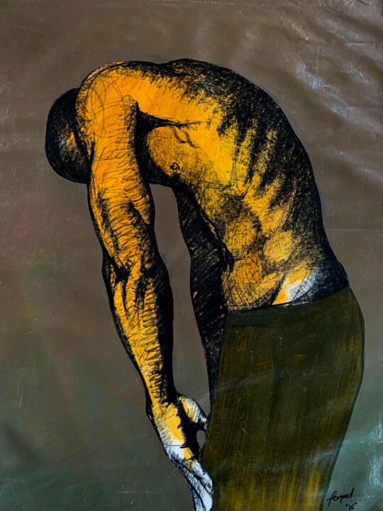 Painting titled "The Weight From Wit…" by Pelumi Fasasi, Original Artwork, Oil Mounted on Wood Stretcher frame