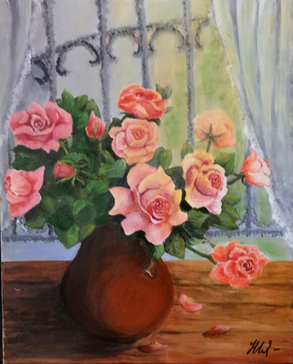 Painting titled "A clay vase with bl…" by Natalia Glazunova, Original Artwork, Acrylic Mounted on Wood Stretcher frame