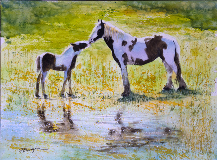 "Horse Kisses in Wat…" başlıklı Tablo Paula Bridges tarafından, Orijinal sanat, Suluboya Diğer sert panel üzerine monte edil…