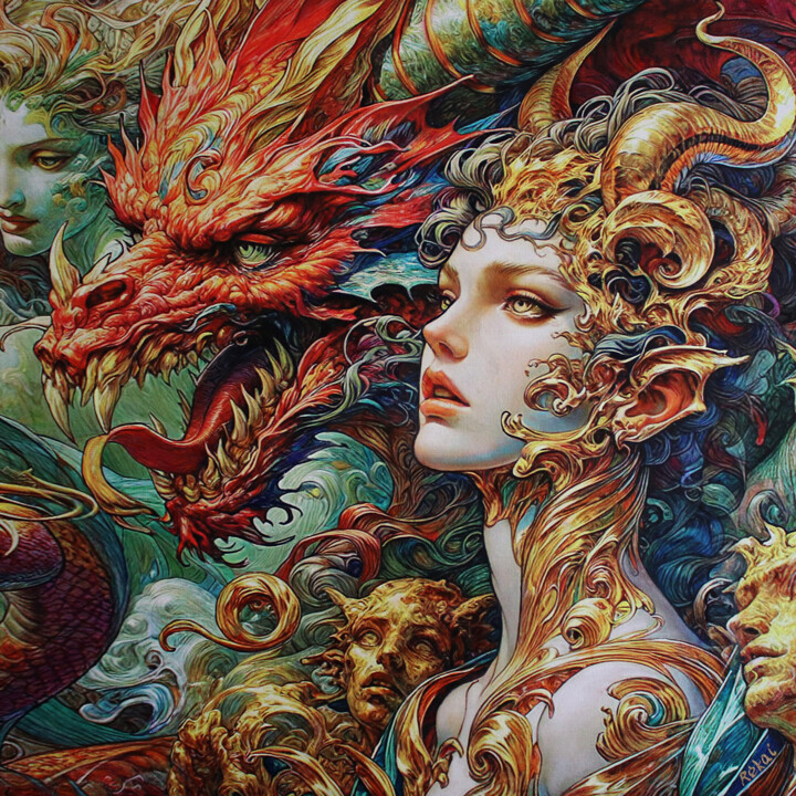 Painting titled "Dragon Lady" by Rékai Zsolt, Original Artwork, Oil