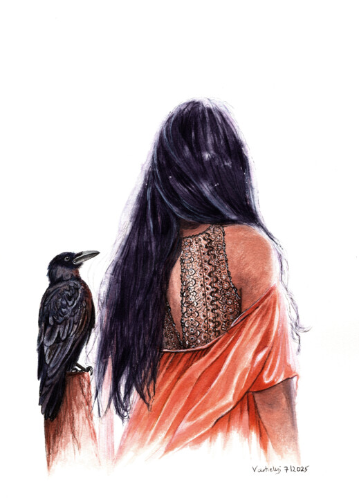 Drawing titled "Krähenfrau" by Lilla Varhelyi, Original Artwork, Ink
