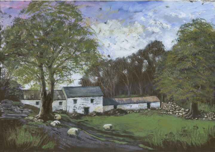 Malerei mit dem Titel "Sheep in the Ould H…" von Micheal O Muirthile, Original-Kunstwerk, Öl Auf Keilrahmen aus Holz montiert