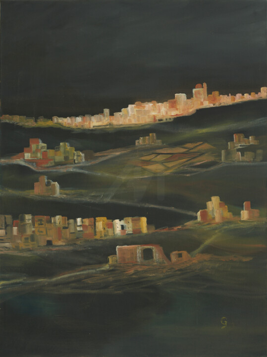 Pintura intitulada "Village tapestry-la…" por Godwin Muscat Azzopardi (Godwin), Obras de arte originais, Óleo