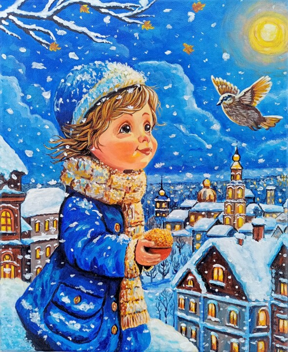 Painting titled "Забота" by Svetlana Alekseeva K, Original Artwork, Acrylic Mounted on Wood Panel