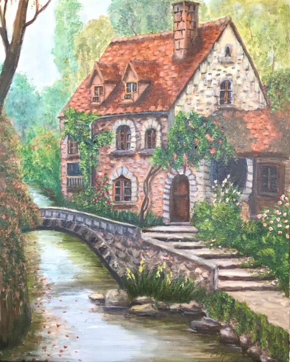 Painting titled "Cottage Over the St…" by Natalia Glazunova, Original Artwork, Acrylic Mounted on Wood Stretcher frame