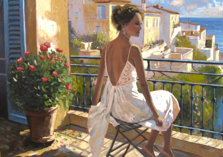 Malerei mit dem Titel "Le balcon" von Karol Reber, Original-Kunstwerk, Öl Auf Holzplatte montiert