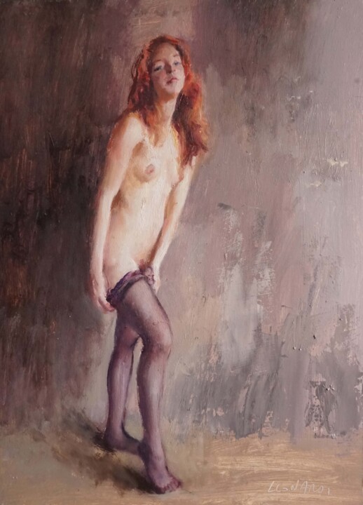 Malarstwo zatytułowany „Violette en bas” autorstwa Manuel Leonardi, Oryginalna praca, Olej Zamontowany na Inny sztywny panel