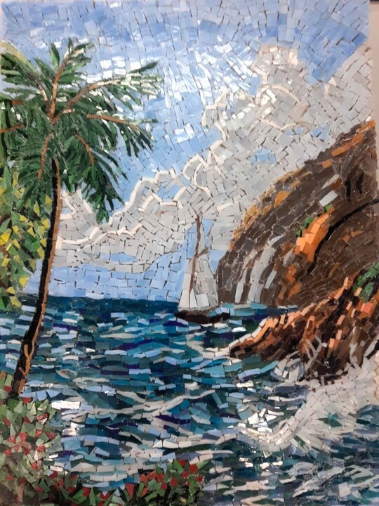 Sculpture titled "Εξωτικό θαλασσινό τ…" by Aphrodite Zampetake, Original Artwork, Mosaic Mounted on Wood Panel