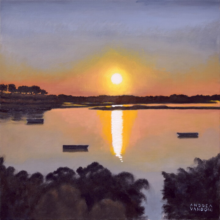 Painting titled "Sunset On The Lagoon" by Andrea Vandoni, Original Artwork, Oil Mounted on Wood Stretcher frame