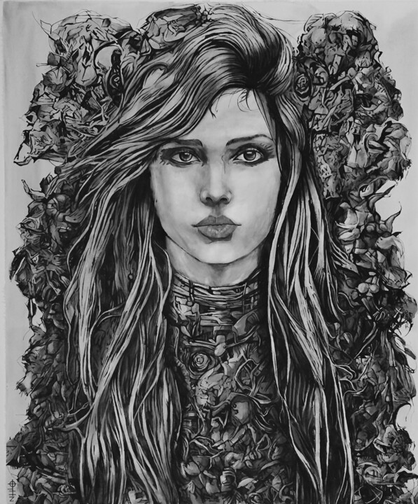 Painting titled "Girl surrounded by…" by Zoltán Tóth, Original Artwork, Acrylic