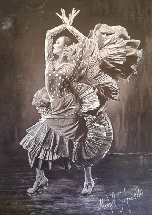 Dessin intitulée "Flamenco Andaluz" par Michel Schaillée, Œuvre d'art originale, Fusain