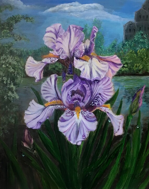 Painting titled "Irises by the Lake" by Natalia Glazunova, Original Artwork, Acrylic Mounted on Wood Stretcher frame