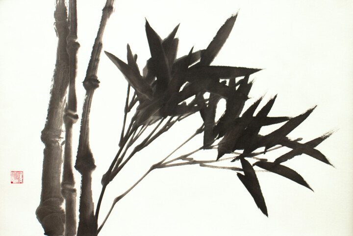 Painting titled "Black young bamboo" by Kseniia Dueva, Original Artwork, Ink