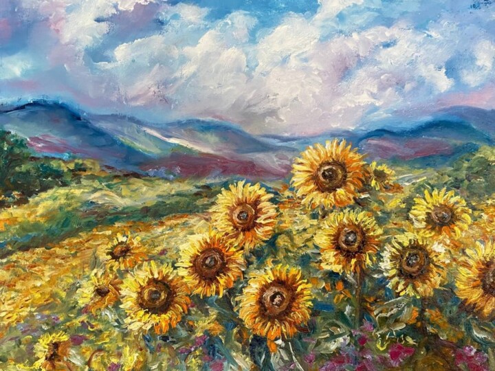 Painting titled "Sunflower flowers" by Oksana Almiz, Original Artwork, Oil Mounted on Wood Stretcher frame