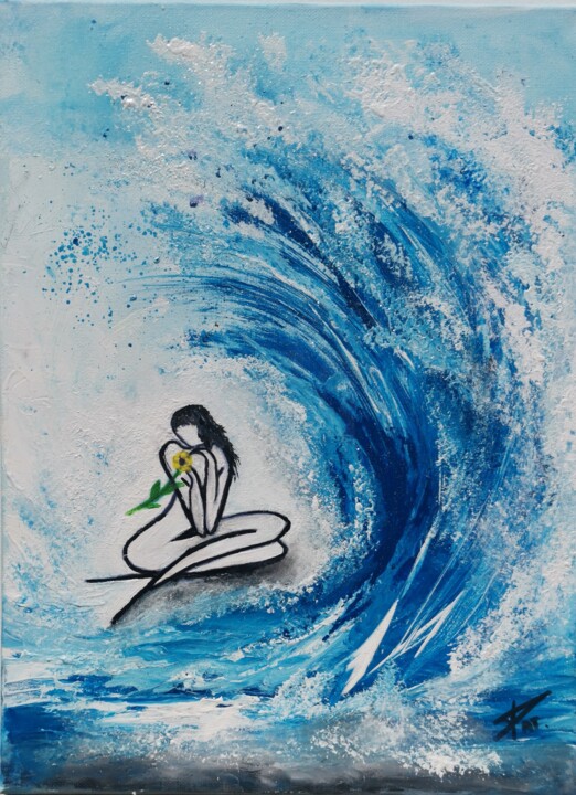 Painting titled "La vague" by Patricia Poulot, Original Artwork, Acrylic Mounted on Wood Stretcher frame