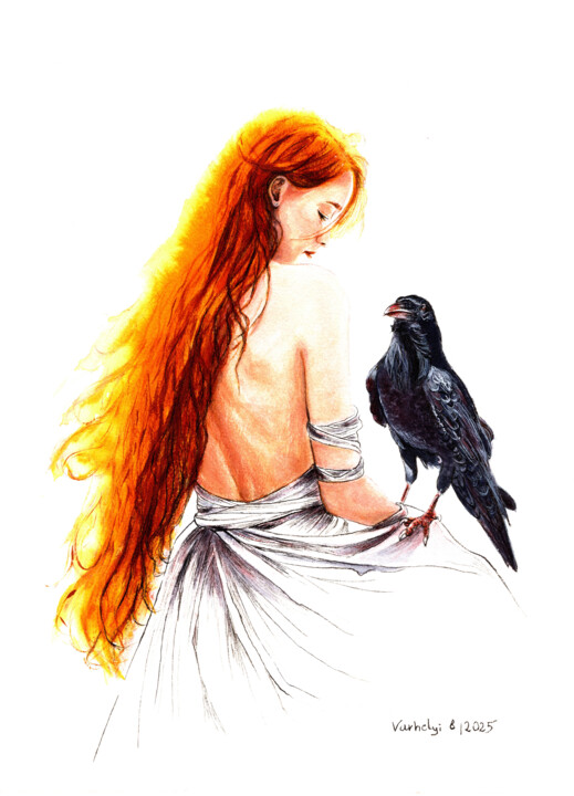 Drawing titled "Krähenfrau #3" by Lilla Varhelyi, Original Artwork, Ink