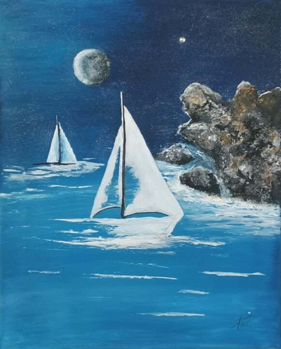 Painting titled "Regate sous Antares" by Patricia Poulot, Original Artwork, Acrylic Mounted on Wood Stretcher frame