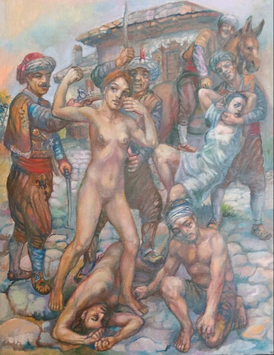 Schilderij getiteld "violent abduction" door George Mirinchev, Origineel Kunstwerk, Olie