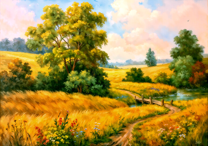 Grafika cyfrowa / sztuka generowana cyfrowo zatytułowany „Golden Fields under…” autorstwa Sergei Gundorov, Oryginalna praca,…