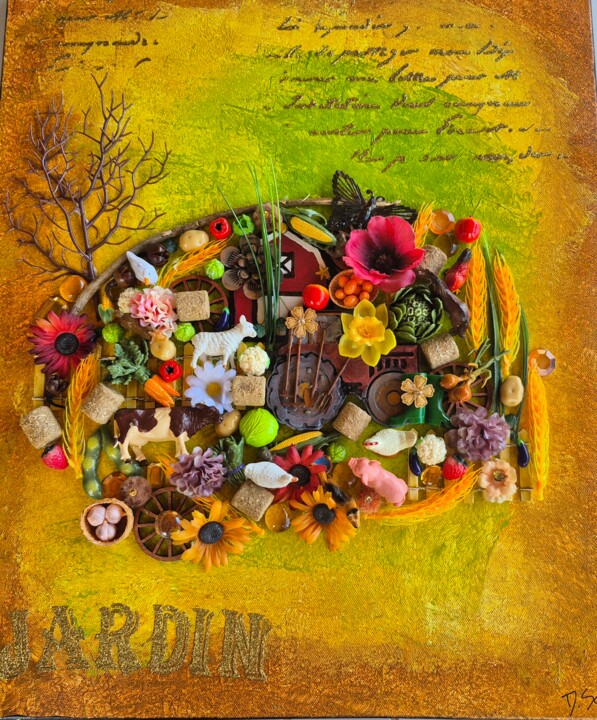 Kolaże zatytułowany „Farm” autorstwa Delphine Sagot, Oryginalna praca, Kolaże Zamontowany na Drewniana rama noszy