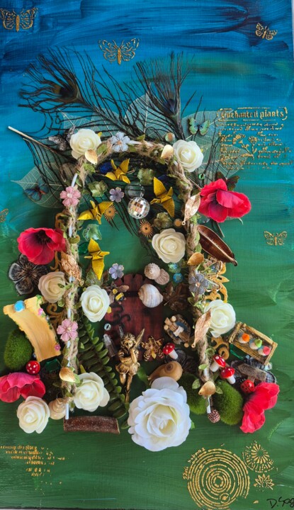 Kolaże zatytułowany „Fairy Garden” autorstwa Delphine Sagot, Oryginalna praca, Kolaże Zamontowany na Drewniana rama noszy