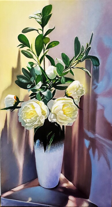 Картина под названием "Yellow Peonies in V…" - Tetyana Hamilton, Подлинное произведение искусства, Масло Установлен на Дерев…
