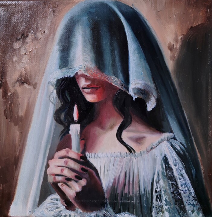 Pintura intitulada "la donna velata" por Laura Muolo, Obras de arte originais, Óleo Montado em Armação em madeira