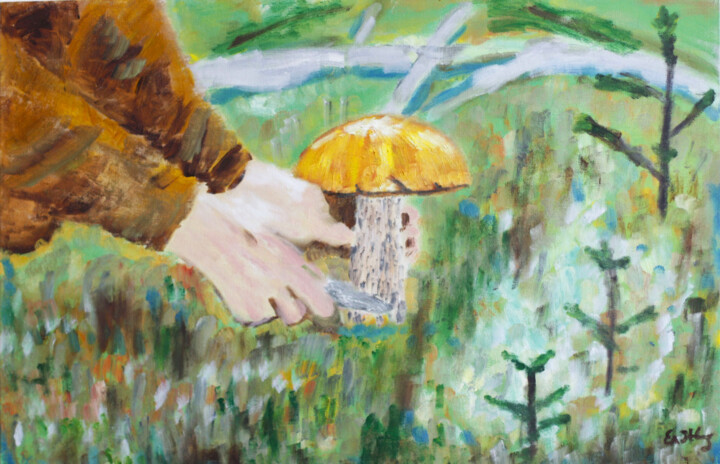 Painting titled "Мужчина срезает под…" by Elena Zogina, Original Artwork, Oil Mounted on Cardboard