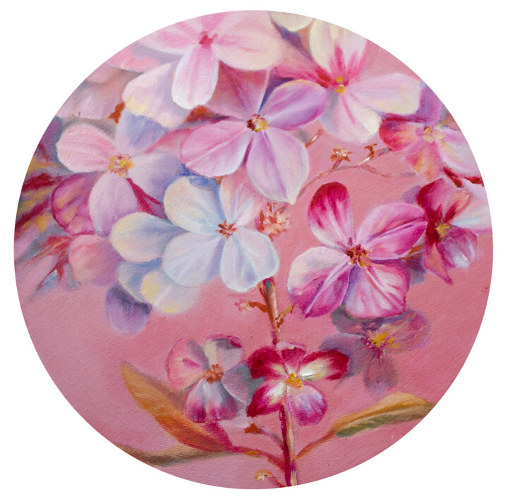 "Round Hydrangea Oil…" başlıklı Tablo Tutsi Nellis tarafından, Orijinal sanat, Petrol Ahşap Sedye çerçevesi üzerine monte ed…