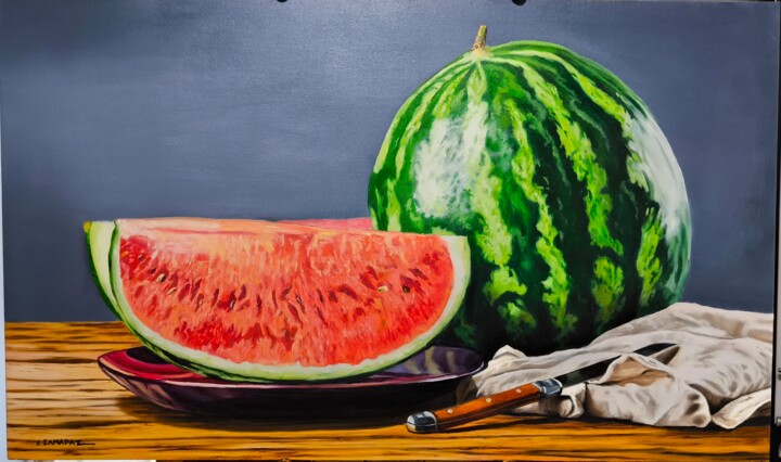 Painting titled "Still life with wat…" by Samaras Chris, Original Artwork, Oil