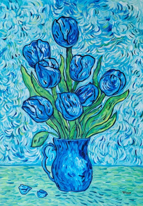 Painting titled "Blue tulips" by Yorgos Touskas, Original Artwork, Acrylic Mounted on Wood Stretcher frame