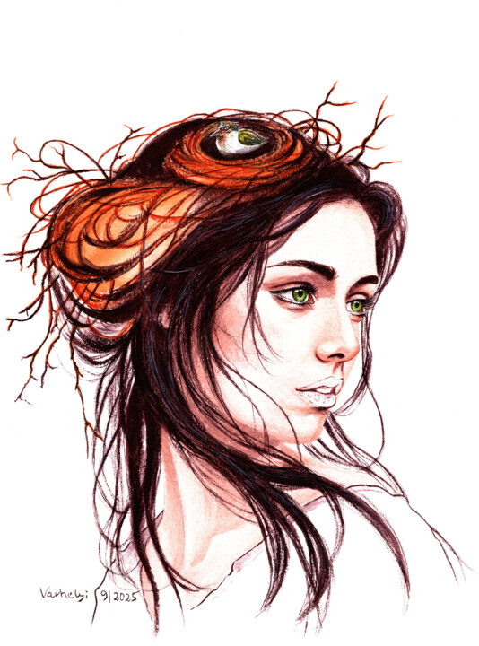 Drawing titled "Uccellina" by Lilla Varhelyi, Original Artwork, Ink