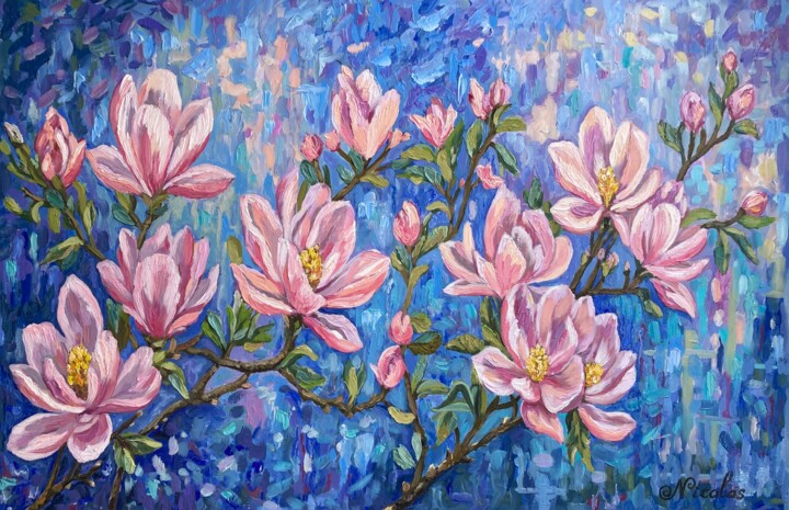 Peinture intitulée ""Midnight Magnolias"" par Pintor Nicolas, Œuvre d'art originale, Huile
