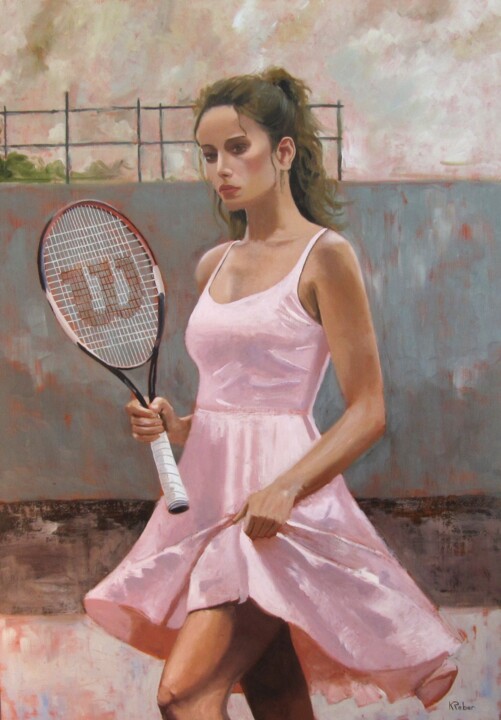 Malerei mit dem Titel "Balle de match" von Karol Reber, Original-Kunstwerk, Öl Auf Keilrahmen aus Holz montiert