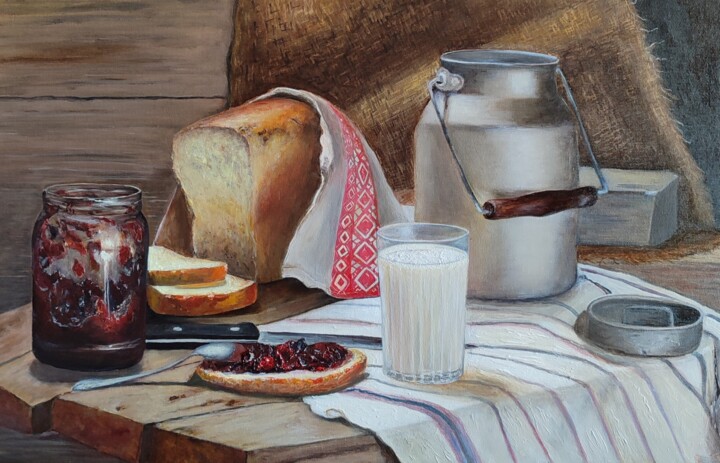 Peinture intitulée "Freshly milked milk…" par Helen Spoon, Œuvre d'art originale, Huile Monté sur Panneau de bois