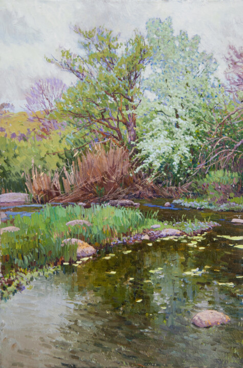 Painting titled "Blossoming pear tre…" by Sviatoslav Barabash, Original Artwork, Oil Mounted on Wood Stretcher frame