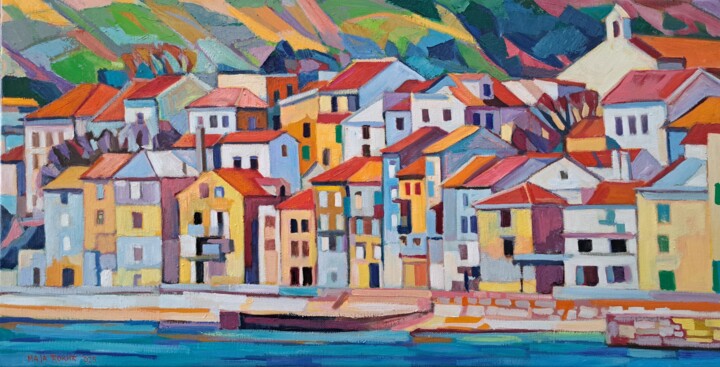 Painting titled "Seaside town" by Maja Djokic Mihajlovic, Original Artwork, Oil