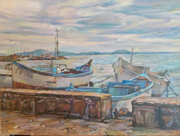 Schilderij getiteld "Cloudy Sunday" door George Mirinchev, Origineel Kunstwerk, Olie