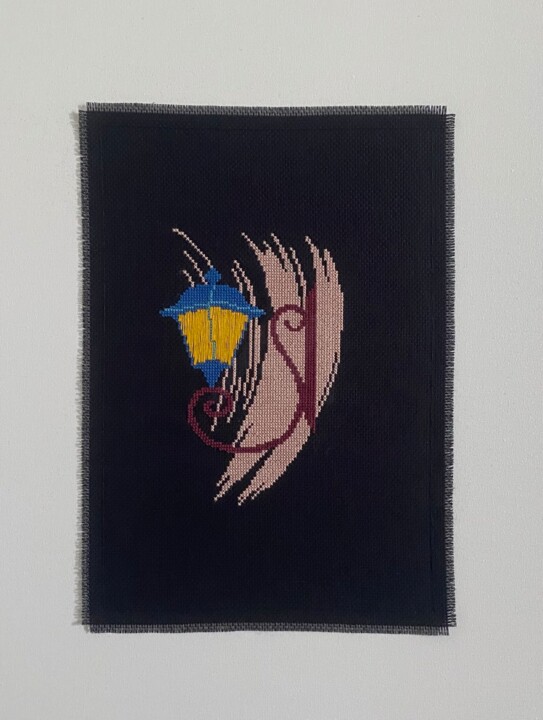 纺织艺术 标题为“Blue Lantern” 由Mariana Ivanova, 原创艺术品, 刺绣 安装在木质担架架上